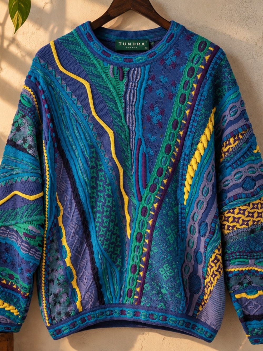 Vintage 90s Tundra Canada Sweater Mens L Coogi Style 3D Knit Blue Green